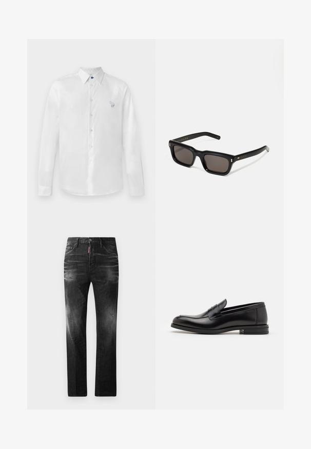 Camisa blanca de manga larga en tejido suave, con un botón azul y un pequeño diseño bordado en el lado izquierdo. Parte delantera abotonada y cuello.; Jeans de mezclilla negra con un corte recto. Presentan áreas desgastadas, un ligero desgasto, diseño clásico de cinco bolsillos y cierre de botón.; Mocasines de cuero negro con una textura suave, puntera redondeada y una tira decorativa en el empeine. Tacón bajo apilado, diseño minimalista.; Gafas de sol rectangulares negras con lentes oscuros, marco de plástico grueso, acentos dorados en las patillas y logotipo de la marca grabado en el brazo.