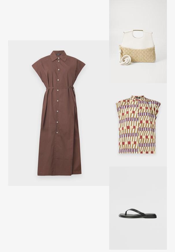 Short sleeve blouse featuring a stand collar, button closure, and a geometric pattern in red, brown, yellow, and light blue on a cream background.; Brown button-up dress with a collared neck, short sleeves, belt tie at the waist, and a long, flowing design. Smooth cotton fabric.; Black flip-flop made of smooth leather, featuring a thin strap design and a flat sole with a minimal profile. No notable patterns or accents.; White leather handbag with a textured cream woven fabric bottom. Features a gold-tone handle and a coiled white strap for versatility.