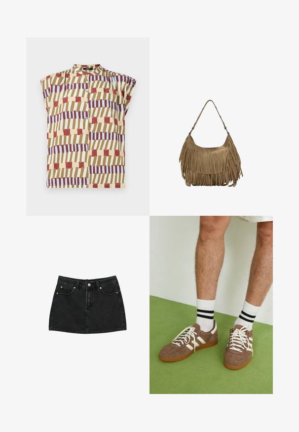 Bluzka z krótkim rękawem, z kołnierzykiem stójkowym, z zapięciem na guziki oraz geometrycznym wzorem w kolorach czerwonym, brązowym, żółtym i jasnoniebieskim na kremowym tle.; Czarna denimowa mini spódnica z guzikami z przodu, szlufkami na pasek i dwoma przednimi kieszeniami z mosiężnymi nitami, leżąca płasko na białym tle.; Brązowe zamszowe sneakersy z białymi akcentami i sznurówkami. Gumowa, brązowa podeszwa. Noszone z białymi skarpetkami w czarne paski. Zielona teksturowana podłoga.; Brązowa torebka z zamszu z długimi frędzlami, o zakrzywionym kształcie i pojedynczym paskiem na ramię. Posiada gładką, teksturowaną powierzchnię.