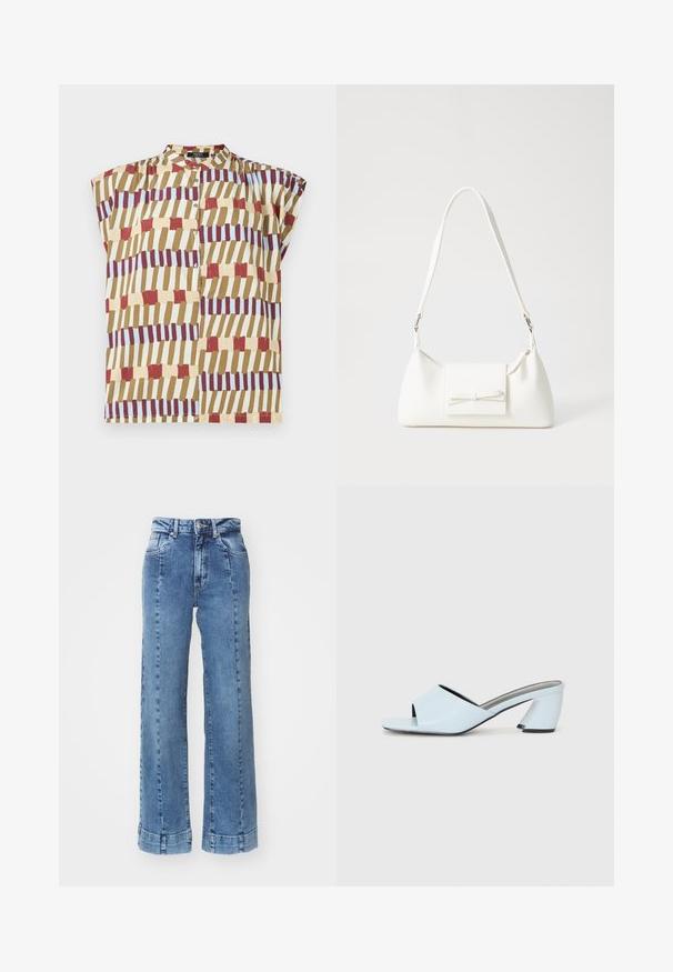 Short sleeve blouse featuring a stand collar, button closure, and a geometric pattern in red, brown, yellow, and light blue on a cream background.; Light blue denim wide-leg jeans with a high waist, featuring front pockets and stitched detailing. The hem is rolled and sewn.; Light blue open-toe heeled mules with a geometric design, featuring a wide strap across the foot and a chunky, angular heel.; White synthetic handbag with a triangular shape, flat front flap and bow detail, adjustable strap, smooth texture, and minimalistic design.