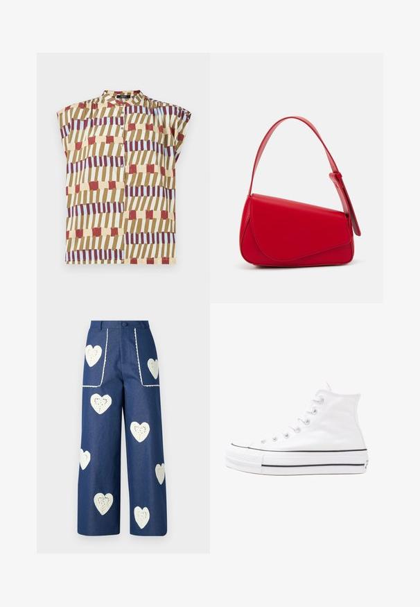 Kurzarmbluse mit Stehkragen, Knopfschluss und einem geometrischen Muster in Rot, Braun, Gelb und Hellblau auf einem cremfarbenen Hintergrund.; Sister Jane HEART TO HEART - Jeans Straight Leg - blue denim; Weiße hochwertige Leinensneaker mit schwarzer Gummisohle, vorderem Gummizehenschutz und sechs Ösen für Schnürsenkel, die ein sauberes, minimalistisches Design aufweisen.; Rote Lederhandtasche mit einem kantigen, geometrischen Design. Verfügt über einen verstellbaren Schulterriemen und einen Klappenverschluss mit genähten Details.
