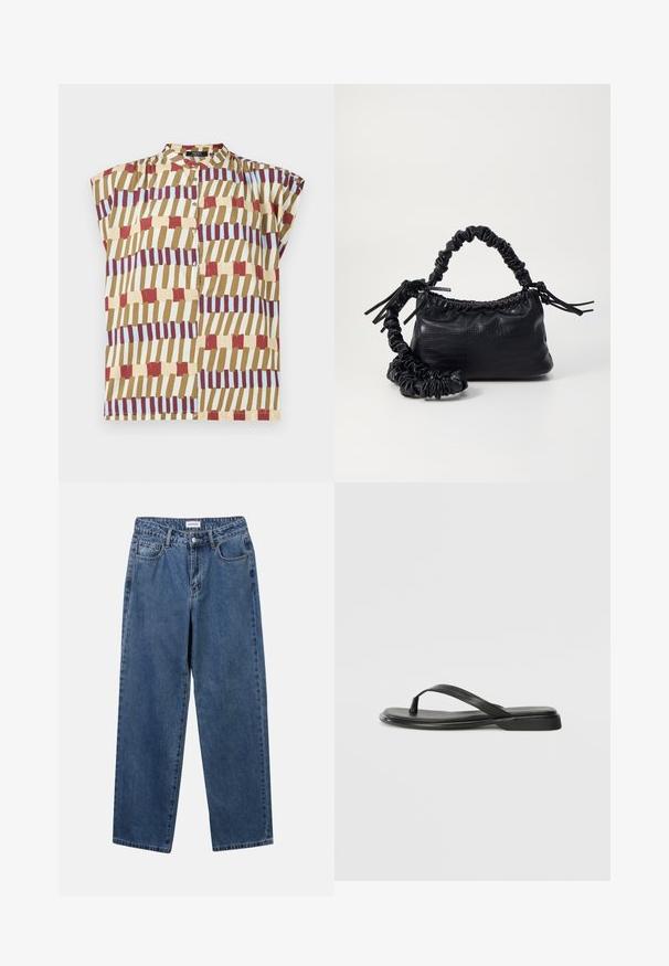 Short sleeve blouse featuring a stand collar, button closure, and a geometric pattern in red, brown, yellow, and light blue on a cream background.; Classic blue denim jeans with a straight-leg design, five pockets, and a button closure. Features a medium wash and sturdy texture.; Black flip-flop made of smooth leather, featuring a thin strap design and a flat sole with a minimal profile. No notable patterns or accents.; Black faux leather handbag with a crocodile texture, cinched top, and a scrunched strap. Appears soft and compact in design.