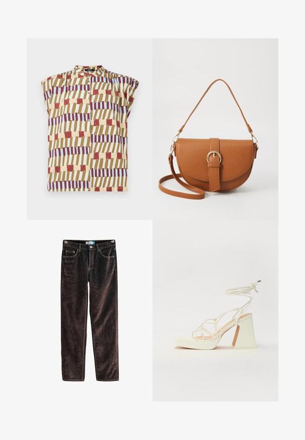Blusa a maniche corte con colletto alto, chiusura con bottoni e un motivo geometrico in rosso, marrone, giallo e azzurro chiaro su uno sfondo crema.; Pantaloni dritti in corduroy marrone con cinque tasche, cuciture a contrasto e chiusura a bottone in vita. Tessuto morbido con motivo a righe.; Sandalo bianco con tacco alto, caratterizzato da un design a cinturini e un legaccio alla caviglia. Texture liscia con una piattaforma frontale per un'altezza aggiuntiva.; Borsa a tracolla in pelle marrone con forma curvata, hardware dorato e un dettaglio con fibbia. Presenta una tracolla rimovibile.