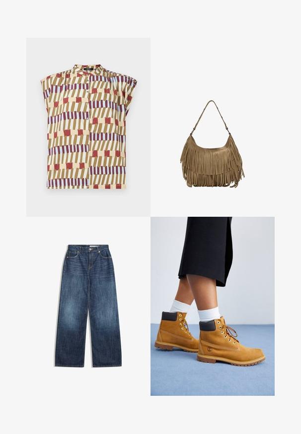 Lyhytnuorinen paita, jossa on pystykraava, nappikiinnitys ja geometrinen kuvio punaisella, ruskealla, keltaisella ja vaaleansinisellä kreemitaustalla.; Suorat farkut tummansinisestä denimistä, joissa on viisi taskua, vaaleat tikkaukset ja nappikiinnitys vyötäröllä.; Tan-suede nilkkurit ruskeilla nahkaakkosilla, kultaisilla silmukoilla ja tekstuuripohjalla. Valkoiset sukat näkyvät kenkien yläpuolella.; Ruskea mokkanahkainen käsilaukku, jossa on pitkät fringer yksityiskohdat, kaareva muoto ja yksi olkahihna. Pinta on sileä ja teksturoitu.