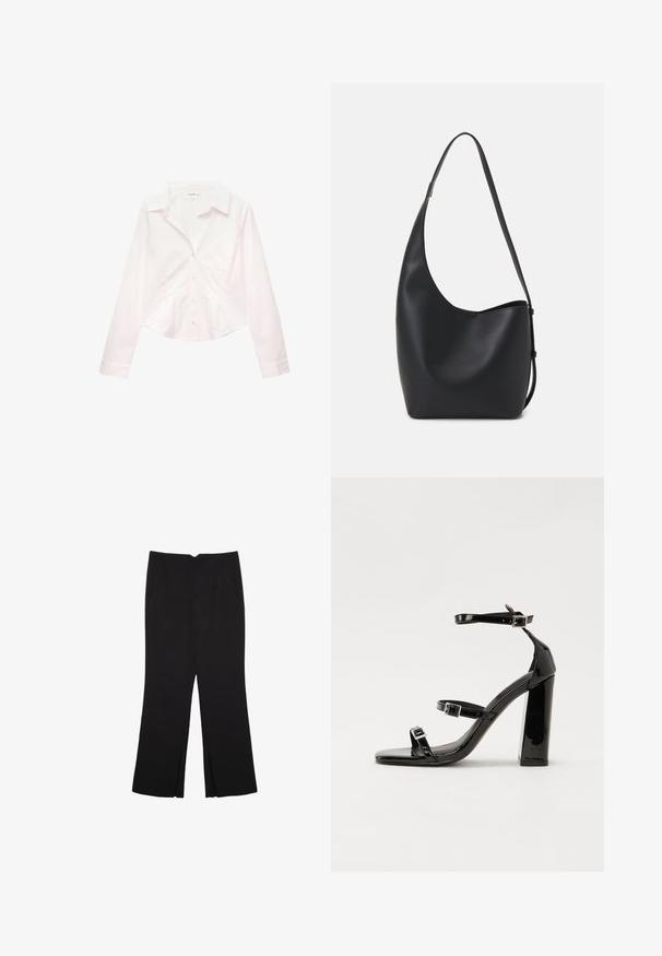 Weißes Langarm-Hemd mit Knopfleiste, Kragen und taillierter Passform, flach auf einem weißen Hintergrund präsentiert.; Schwarze Hose mit geradem Schnitt, ausgestattet mit Fronttaschen und Seitenschlitzen am Saum. Hergestellt aus weichem, glattem Stoff. Geeignet für verschiedene Anlässe.; Schwarze Lackleder-Sandalen mit hohen Absätzen, zwei Riemen mit Schnallen, quadratischer Zehenpartie und klobigem Blockabsatz, mit einer glatten, glänzenden Textur.; Schwarze Leder-Hobo-Tasche mit einer glatten Textur, geschwungener Form und einem einzelnen verstellbaren Tragegurt; verfügt über eine weite Öffnung am oberen Ende.