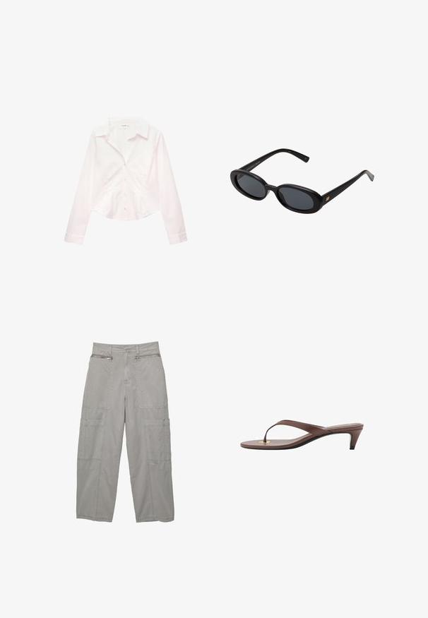 Witte lange mouwen button-up shirt met een kraag en fitted taille, plat weergegeven op een witte achtergrond.; Cargo-broeken van lichtgrijze stof, voorzien van meerdere grote zakken, ritszakken aan de voorkant en een relaxte, brede pasvorm.; Bruine hakken flip-flop sandaal met een slanke band en ronde teenpost, met een kleine gouden accent op de voetbed.; Zwarte oversized zonnebril met ovale lenzen, een glad plastic montuur en gouden accenten op de pootjes. Donkere lenzen bieden bescherming tegen de zon.; Roze handtas met gevlochten bovenhandvat, zilveren hardware, voorzak met rits en lange franje aan de zijkanten; textuur van nepleer.