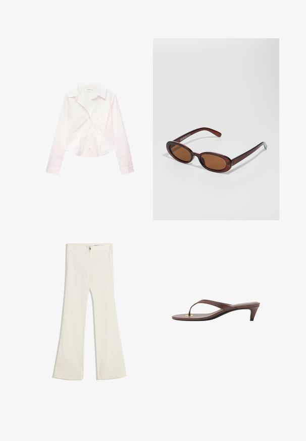 White long-sleeve button-up shirt with a collar and fitted waist, displayed flat on a white background.; Flared pants in a light beige fabric with a subtle texture. Features a zipper closure and two pockets on the front.; Brown heeled flip-flop sandal with a slender strap and rounded toe post, featuring a small gold accent on the footbed.; Round, brown-tinted sunglasses with a glossy burgundy frame. Slim arms with subtle branding detail. Flat lens design.