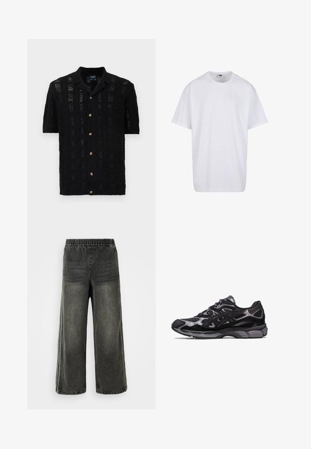 Musthave musta lühikeste varrukatega kudum, millel on laineline muster, nööpide kinnitamine ja klassikaline krae. Tekstureeritud, kerge kangas.; Valge puuvillane t-särk lühikeste varrukatega, ümmarguse kaelusega, lõdva lõikega ja ilma nähtavate logodeta või mustriteta. Sile tekstuur ja minimaalne disain.; Mustmust värvi denim püksid elastse vöökoha ja laiade jalgadega, millel on külgedel peened vertikaalsed õmblusdetailid.; Mustad mustus spordijalats, millel on võrk- ja nubukülem, kus on tekstuuriga disain ning tugev ning pehme hall tallad.