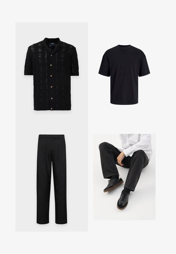 Czarny krótki sweterek z krótkim rękawem, ozdobiony falistym wzorem, z zapięciem na guziki i klasycznym kołnierzem. Teksturowany, lekki materiał.; Czarna bawełniana koszulka z okrągłym dekoltem, krótkimi rękawami i luźnym krojem. Gładka tekstura, bez widocznych wzorów czy akcentów.; Czarne spodnie wykonane z gładkiego materiału, z prostą nogawką, dwoma fałdami z przodu oraz standardowym paskiem z wypustkami na pasek.; Czarne sneakersy z gładką i textured cholewką, z gumową podeszwą i ciemnymi sznurowadłami. Połączone z czarnymi dżinsami i bluzką w białe paski.