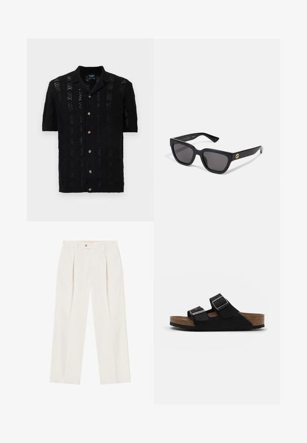 Cardigan de punto de manga corta negro con un patrón ondulado, cierre de botones y cuello clásico. Tela texturizada y ligera.; Pantalones blancos de pierna ancha con pliegues en la parte delantera, un cierre de un solo botón y bolsillos laterales. Textura suave y diseño entallado.; Sandalias de ante negro con dos correas ajustables, hebillas de plata y una plantilla de corcho. Cuenta con una suela negra texturizada para mayor agarre.; Gafas de sol rectangulares negras con acabado brillante, lentes oscuros y detalle en dorado en las patillas con el logotipo.