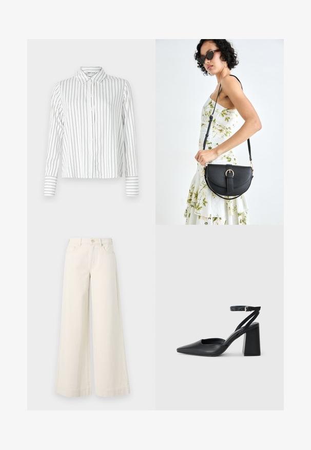 Camisa branca com riscas verticais pretas, mangas longas, colarinho pontudo e acabamentos nos punhos. Tecido suave com um corte ajustado.; Calças de ganga de perna larga em bege claro, com cintura alta, dois bolsos frontais, fecho de botão e detalhes de costura subtil.; Sandal com biqueira afilada em couro preto, com cinta no tornozelo e salto grosso. Textura lisa, design elegante e estética minimalista.; Bolsa de couro preta com forma curva, alça destacável e detalhes em dourado. A bolsa possui uma aba com detalhe de fivela.