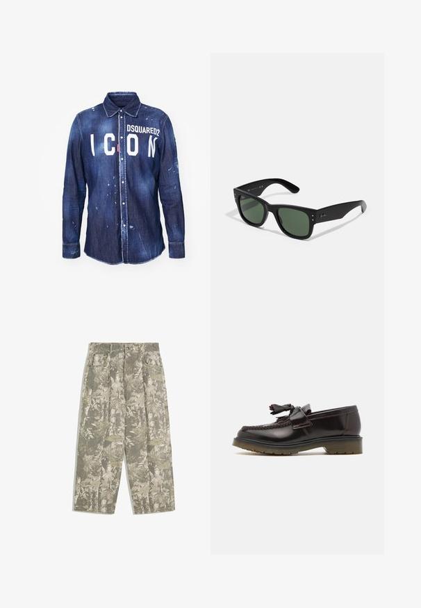 Camicia in denim di colore blu scuro con testo bianco "ICON" e logo "DSQUARED2". Presenta chiusura con bottoni, colletto a punta e macchie di vernice usurata.; Canotta bianca in cotone con scollatura rotonda, spalline larghe e orlo dritto, caratterizzata da una superficie liscia e senza motivi visibili.; Pantaloni cargo con gambe larghe in un motivo mimetico verde e beige a foglie e cortecce, dotati di tasche frontali e passanti per cintura.; Mocassini in pelle marrone con design intrecciato, dettaglio con nappine e suola piatta in gomma. Caratterizzati da una finitura liscia e cuciture a contrasto.; Occhiali da sole neri rettangolari con lenti verdi, finitura opaca, dettagli hardware discreti e logo impresso sulla tempia.