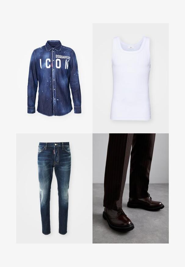Denim skjorte i mørkeblå med hvid "ICON" tekst og "DSQUARED2" logo. Har knaplukning, spids krave og slidte malingsprøjter.; Hvid bomulds ærmeløs tanktop med rund halsudskæring, der har en glat tekstur og en tætsiddende pasform, designet til casual brug.; Mørkeblå denim jeans med slim fit, med udvaskede områder på lårene og knæene, fem lommer og metalknaplukning.; Brune læder snørebåndssko med en glat finish, sort gummisål og diskret syning. Båret med brune bukser med striber.