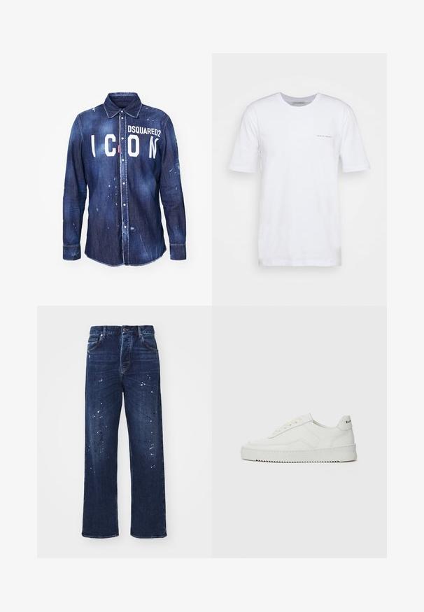 Denim skjorte i mørkeblå med hvid "ICON" tekst og "DSQUARED2" logo. Har knaplukning, spids krave og slidte malingsprøjter.; Hvid kortærmet T-shirt lavet af bomuld, med rund hals og et lille trykt logo på venstre side. Glat tekstur, afslappet pasform.; Mørkeblå denim jeans med en løs pasform, lige ben og hvide malingspletter på forsiden. Klassisk fem-lomme design.; Hvide lædersneakers med en glat overflade, rund tå, flade snørebånd og en tekstureret sål. Har et diskret logo på hælen.