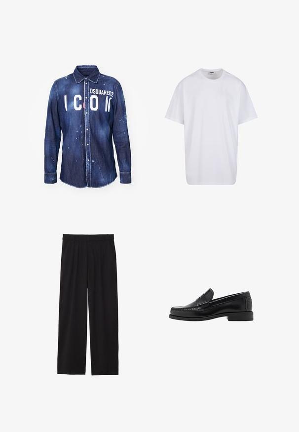Denim shirt in dark blue with white "ICON" text and "DSQUARED2" logo. Features button closure, pointed collar, and distressed paint splatter.; White cotton t-shirt with short sleeves, rounded neckline, relaxed fit, and no visible logos or patterns. Smooth texture and minimal design.; Black wide-leg trousers with a pleated front, side pockets, and a smooth fabric texture. Designed for a relaxed fit.; Black leather loafers with a smooth finish, stitched detailing on the toe, and a low heel design for comfort and style.