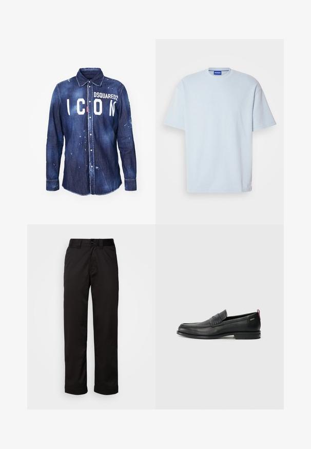 Denim skjorte i mørkeblå med hvid "ICON" tekst og "DSQUARED2" logo. Har knaplukning, spids krave og slidte malingsprøjter.; Lyseblå, ribbet t-shirt med rund hals og korte ærmer. Har en almindelig pasform og en diskret logoakcent på kanten.; Sorte bukser lavet af glat stof med lynlås, knaplukning og opsmøgede nedenkanter for et afslappet design.; Sorte læder loafers med en tekstureret frontpanel og glatte sider. Har en slank hæl og en bageste løkke til nem påtagning. Klassisk design.