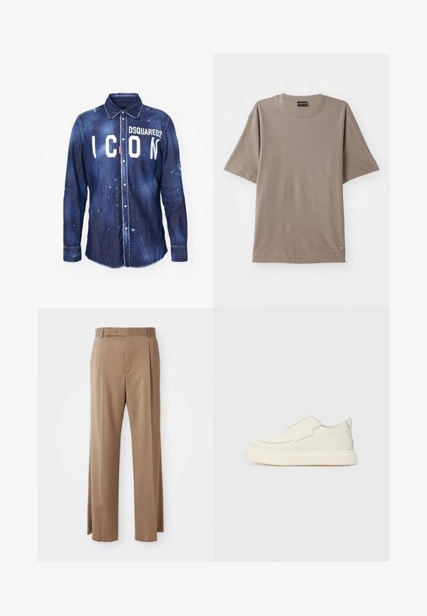 Denim košulja u tamnoplavoj boji s bijelim tekstom "ICON" i logotipom "DSQUARED2". Ima zatvaranje na dugmad, oštar ovratnik i ispucale mrlje boje.; Smeđi kratki rukav majica s okruglim izrezom, s blagim teksturiranim uzorkom i malom oznakom s logotipom na donjoj lijevoj strani.; Svijetlosmeđi krojeni hlače ravnih nogavica, s petljama za remen, prednjim šavom i skrivenim kopčanjem, prikazane ravno na bijeloj pozadini.; Bijeli klasični tenisice bez vezica s teksturiranim završetkom, s okruglim vrhom i debelim gumennim potplatom. Svijetli šavovi naglašavaju dizajn.