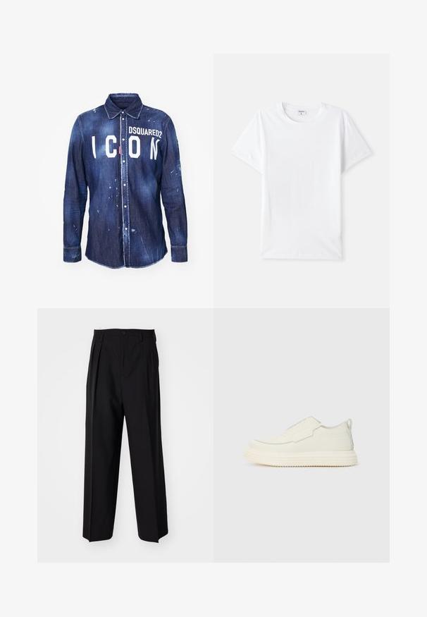 Dunkelblaue Denimhemd mit weißem "ICON"-Text und "DSQUARED2"-Logo. Verfügt über eine Knopfleiste, einen spitzen Kragen und distressed Farbspritzer.; Weißes Baumwoll-T-Shirt, Rundhalsausschnitt, kurze Ärmel, glatte Textur, keine Muster oder Akzente, einfaches Design, normale Passform.; Schwarze, plissierte Hose mit geradem, weitem Bein. Hergestellt aus glattem Stoff, mit Knopfverschluss und Gürtelschlaufen.; Weiße Slip-On-Sneaker mit einer strukturierten Oberfläche, Rundzehen und dicke Gummisohle. Leichte Nähte akzentuieren das Design.