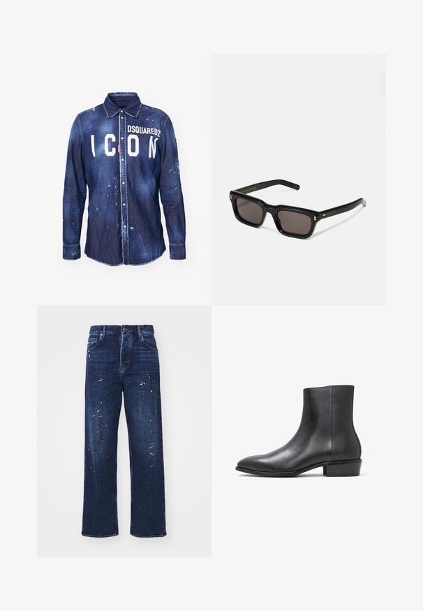 Džínsová košeľa v tmavomodrej farbe s bielym textom "ICON" a logom "DSQUARED2". Obsahuje zapínanie na gombíky, špicatý golier a opotrebovaný vzhľad s farbou štetca.; Tmavomodré džínsy z denimu s voľným strihom, rovnými nohavicami a detailmi bielej farby v tvare škvrny na prednej strane. Klasický dizajn s piatimi vreckami.; ALDO PILLOWWALK+FLEX INSIDE ZIP AMUR - Klasické členkové čižmy - open black; Čierne obdĺžnikové slnečné okuliare s tmavými sklami, hrubým plastovým rámom, zlatými detailami na spánkoch a vygravírovaným logom značky na ramene.