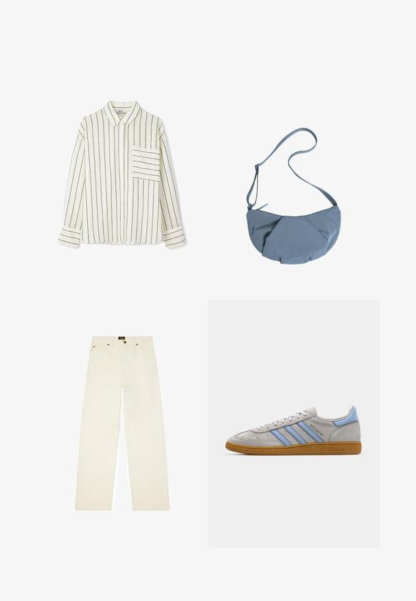 Ipekyol STRIPED  - Camicia - cream; Pantaloni a gamba larga color crema realizzati in denim, con chiusura a bottone, cinque tasche e dettagli di cucitura a contrasto.; Sneaker in suede grigio con strisce azzurro chiaro, suola in gomma color caramello e dettagli con logo. Design low-top con punta tonda e chiusura con lacci.; Borsa a tracolla in tessuto grigio con forma arrotondata, dotata di un design frontale arricciato e di una sottile tracolla regolabile. Chiusura con zip nella parte superiore.
