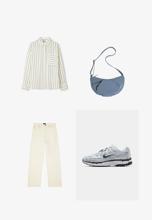 Ipekyol STRIPED - Button-down blouse - cream; Cream-colored wide-leg pants made of denim, featuring a button closure, five pockets, and contrasting stitching details.; Nike P-6000 sneakers with a light grey mesh upper, black accents, and a durable black rubber sole. Features intricate design and lacing system.; Gray fabric crossbody bag with a rounded shape, featuring a gathered front design and a thin adjustable strap. Zipper closure at the top.