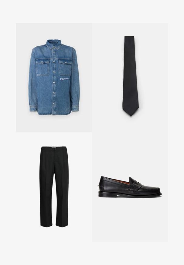 Denim srajca v svetlo modri barvi, z ovratnikom, gumbnim zapiranjem, dvema žepoma na prsih in logotipom natisnjenim na levi strani. Dolgi rokavi.; Mladenič s kodrastimi svetlo rjavimi lasmi, oblečen v črno majico s kratkimi rokavi in sivi hlačami, gleda levo z rokama v žepih.; Črne hlače iz tkanine z gladko teksturo, z ravnim krojem, naborki spredaj in elastičnim pasom.; Črni usnjeni loaferji z gladkim zaključkom, zaobljenim koničkom in okrasnim trakom čez zgornji del. Imajo nizko črno podplato.; Ozeka črna kravata z teksturiranim, diagonalnim žlebastim vzorcem. Ima koničast konec in gladko površino. Primerna za formalno nošenje.