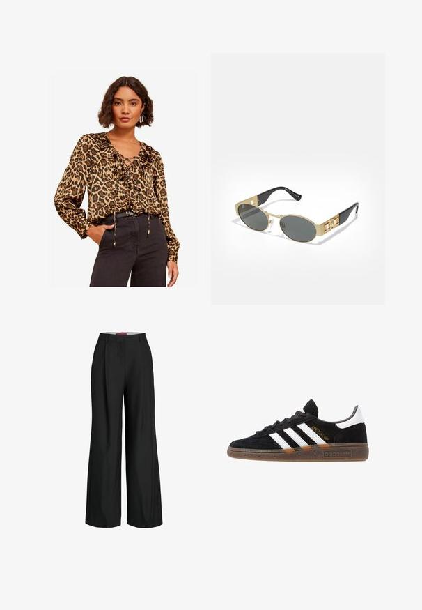Lauva raksts blūze ar frillām ap kaklu, garām piedurknēm un šņorēšanas detaļu, izgatavota no viegla materiāla, saskaņota ar augsto vidukli tumšām džinsām.; Rozā bezpiedurkņu tops ar V-veida kakla izgriezumu, kas rotāts ar smocētiem elementiem un ziedu rakstu. Uz polka punkta fona ir izkaisīti mazi sarkani ziedi.; Melnas platas bikses ar pielāgotu dizainu, kurām ir krokas un gluda auduma tekstūra. Tīras līnijas un nav redzamu detaļu vai akcentu.; Melnas Adidas sporta kurpes ar baltām svītrām, zelta "Spezial" uzrakstu, gumijas zoli un baltu papēža daļu, attēlotas profila skatījumā.; Ovālas saulesbrilles ar zelta metāla rāmi un pelēkiem stikliem. Iespējas: melnas acetāta rokas ar zelta akcentiem un logo detaļām sānos.