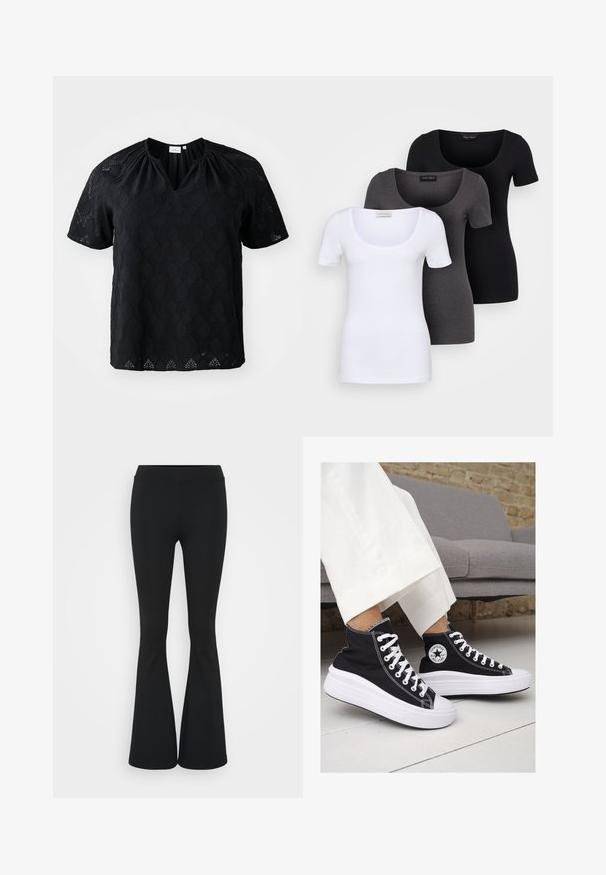 Top preto de manga curta com decote em V, tecido texturizado com padrão de diamante e detalhes franzidos nas costuras dos ombros.; Três t-shirts ajustadas em branco, cinza e preto. Cada uma possui um decote amplo e mangas curtas. Feitas de um tecido liso e elástico.; Calças pretas de corte alargado feitas de tecido elástico, com uma cintura alta e uma textura suave. As calças alargam-se a partir do joelho.; Ténis de cano alto em lona preta com solas e atacadores brancos. Apresenta um logo circular na lateral e costura branca em contraste.
