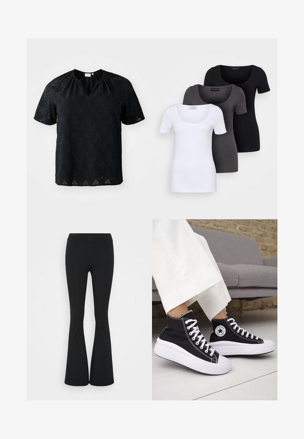 Svart kortermet topp med V-hals, strukturert stoff med diamantmønster og rynkede detaljer ved skuldersømmene.; Tre figurerte T-skjorter i hvit, grå og svart. Hver har en bred scoop-nakke og korte ermer. Laget av glatt, elastisk stoff.; Svarte flared bukser laget av elastisk stoff, med høy midje og en glatt tekstur. Buksene vidder ut fra kneet.; Svarte høye sneakers med hvite gummisåler og lisser. Har et rundt logo-merke og kontrasterende hvite sømmer. Laget av lerret.