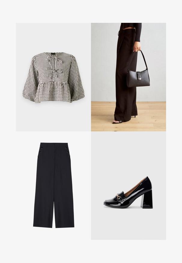 Buffalo-ternet bluse i brun og hvit, med peplum-design, knytning i halsen og lange, luftige ermer.; Bredde benbukser i mørk marinefarge, med en jevn tekstur, frontfalter og dekorative gullfargede øyespenner på sidelommene.; Sorte lakkert høyhælte sko med spiss tå og blokkhelt. Har en dekorativ stropp og spenne detajler på vampen.; Svart håndveske med strukturert form, jevn tekstur og metallisk lås. Kombinert med brede svarte bukser og sandaler med åpen tå på tregulv.