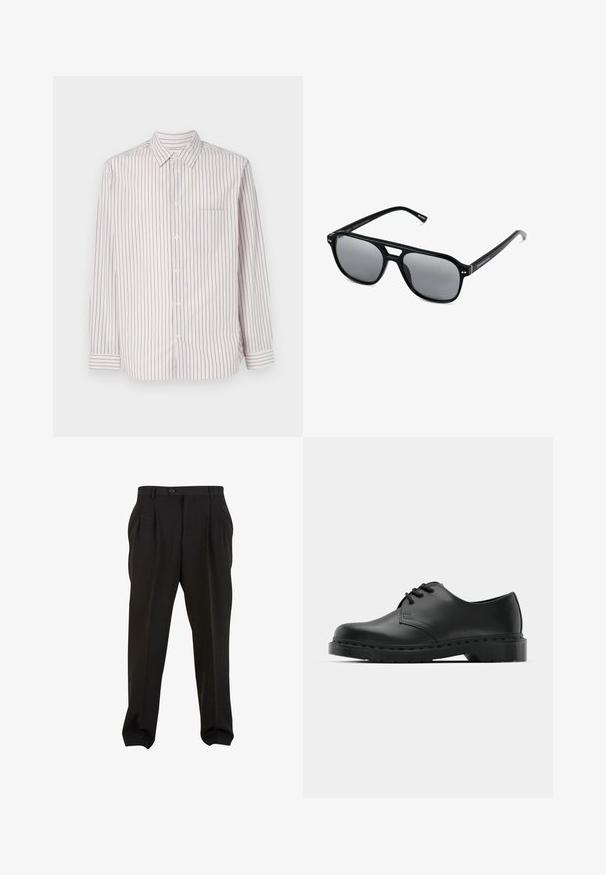 Camisa de manga larga abotonada en blanco con rayas verticales en rosa, azul y verde. Presenta un cuello clásico y un bolsillo en el pecho.; Pantalones negros de tejido suave, con pliegues frontales, cinturilla con botón y puños en los tobillos ajustados. Silueta clásica y ajustada.; Zapato oxford de cuero negro con diseño de cordones, punta redonda, suela de goma plana y un sutil detalle de costura en la parte superior.; Gafas de sol negras con montura rectangular, lentes ahumados grises y diseño con corte en el puente. Material plástico brillante y elegante, con varillas estrechas.