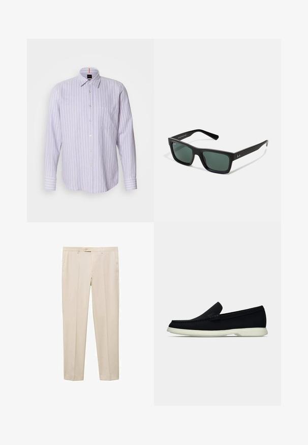 Cămașă cu dungi mov deschis, guler cu nasturi, mâneci lungi și o buzunar pe partea stângă a pieptului. Prezintă un detaliu subtil cu logo.; Pantaloni bej croiți, cu o tăietură dreaptă, prezentând o închidere la talie cu un singur buton, două buzunare laterale și un design frontal plat.; Pantof negri slip-on cu vârf rotunjit, având un superior texturat, o talpă albă netedă și un detaliu de branding subtil pe lateral.; Ochelari de soare dreptunghiulari negri cu lentile verzi, având un finisaj mat, temple drepte și logo-ul Ray-Ban pe lateral.