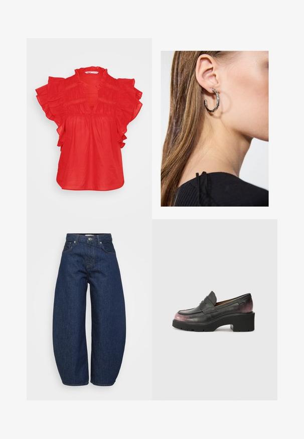 Red blouse with short ruffled sleeves, a v-shaped neckline, and gathered texture. Made from lightweight fabric, featuring a loose-fitting design.; Dark blue denim jeans with a wide, relaxed fit. Features a zip fly, four pockets, and contrasting stitching along seams.; Black leather loafers with a rounded toe, accent strap, and tonal gradient from black to dark pink at the heel. Features a chunky sole.; Silver hoop earring with a polished finish, featuring small gold accent details and a round shape, worn on the lobe.