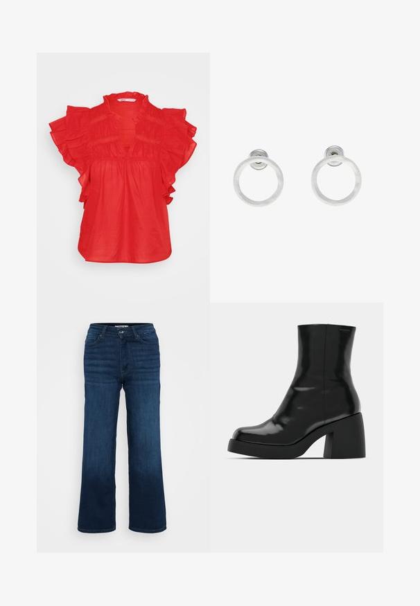 Rote Bluse mit kurzen Rüschensäumen, einem V-Ausschnitt und geraffter Textur. Hergestellt aus leichtem Stoff, mit lockerem Schnitt.; ONLY Petite ONLMADISON BLUSH WIDE - Wide Leg - dark blue denim; Schwarze Stiefeletten mit glänzender Oberfläche, quadratischer Zehenpartie und dicker Blockabsatz. Das Design zeichnet sich durch eine nahtlose Silhouette und minimalistische Markenkennzeichnung aus.; Silberne Metall-Hoops Ohrringe mit gebürsteter Oberfläche, die ein kreisförmiges Design aufweisen und mit einem klaren Steckverschluss für einen sicheren Halt ausgestattet sind.