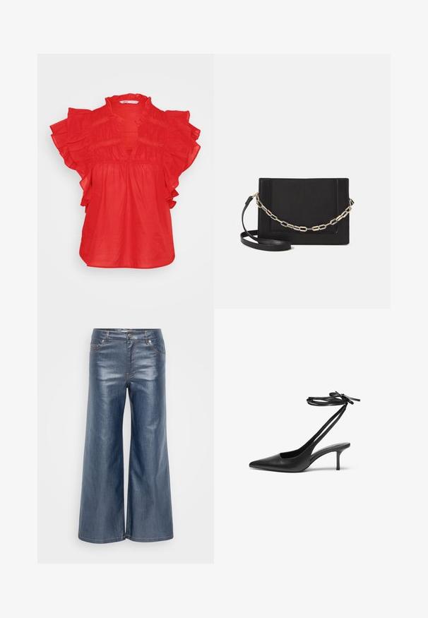 Červená blůza s krátkými volány, véčkovým výstřihem a nabíranou strukturou. Vyrobena z lehkého materiálu, má volný střih.; Džíny s širokými nohavicemi v tmavě modré barvě, s hladkou texturou, designem s pěti kapsami a kontrastním prošíváním. Zapínání na přední knoflík a zip.; Černá kožená stiletto botička s špičatou špičkou, otevřenou zadní částí a kotníkovými řemínky uvázanými do mašle. Štíhlý 3palcový podpatek. Hladká textura, minimalistický design.; Černá kožená crossbody taška s hladkým povrchem, obdélníkovým tvarem a kovovým řetízkem na přední straně. Součástí je nastavitelný popruh.
