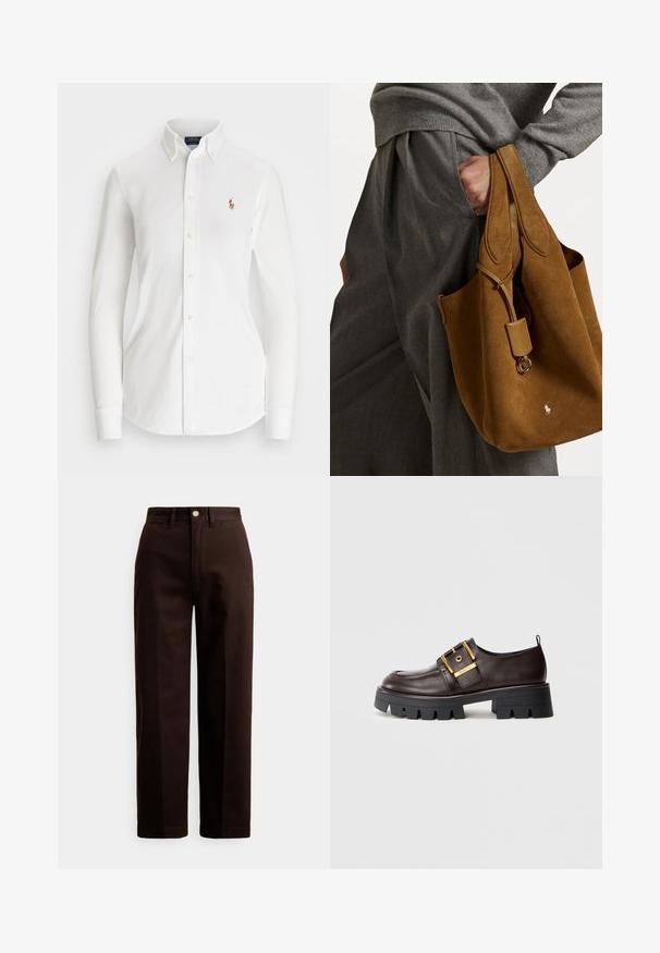 Witte overhemd met lange mouwen en een puntkraag, gemaakt van katoen. Voorzien van een klein geborduurd logo op de linkerborst.; Donkerbruine, rechte broek met knoop- en ritssluiting, riemlussen en steekzakken aan de voorkant tegen een witte achtergrond.; Bruine leren schoen met een stevige zwarte zool, heeft een grote gouden gesp en een gladde textuur, ontworpen met een ronde neus.; Bruine suède tote bag met een ronde vorm, dubbele handvatten en een metalen hardware accent. Heeft een klein logo aan de voorkant.