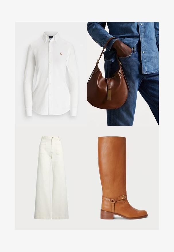 Camisa branca de manga longa com colarinho pontudo, feita de algodão. Apresenta um pequeno logotipo bordado no lado esquerdo do peito.; Jeans de perna larga em denim off-white. Design de cintura alta com fecho de botão, dois bolsos frontais e detalhes de costura em contraste.; Botas altas de couro castanho com um acabamento suave, apresentando uma fivela lateral e um salto empilhado. A parte superior possui um design limpo e sem adornos.; Bolsa hobo de couro castanho com forma arredondada, apresentando um acabamento em metal dourado e costura em contraste. Combinada com uma camisa de ganga e jeans.