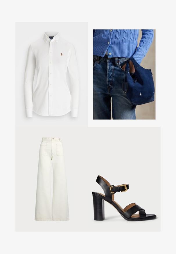 Camisa blanca de manga larga con botones y collar punta, hecha de algodón. Presenta un pequeño logo bordado en el lado izquierdo del pecho.; Jeans de pierna ancha en denim color blanco roto. Diseño de cintura alta con cierre de botón, dos bolsillos frontales y detalles de costura en contraste.; Sandalias de tacón de cuero negro con un diseño de tira cruzada y cierre de hebilla. Presenta un tacón grueso y una textura suave.; Bolso de ante azul marino con textura suave, asas dobles y una pequeña etiqueta adjunta. Presenta un logo blanco en el frente y una base redondeada.