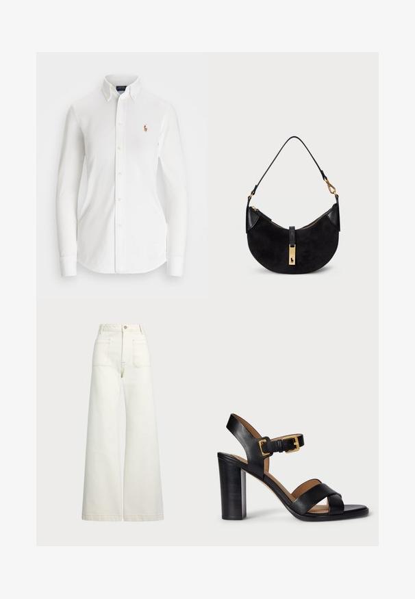 Camicia bianca a maniche lunghe con colletto a punta, realizzata in cotone. Presenta un piccolo logo ricamato sul petto sinistro.; Jeans a gamba larga in denim bianco sporco. Design a vita alta con chiusura a bottone, due tasche frontali e dettagli di cucitura a contrasto.; Sandali con tacco in pelle nera con design a strap incrociati e chiusura a fibbia. Presentano un tacco spesso e una superficie liscia.; Borsa nera con forma curvilinea, realizzata in camoscio e pelle, con una cerniera in tonalità oro e un dettaglio del logo. Include un manico corto.