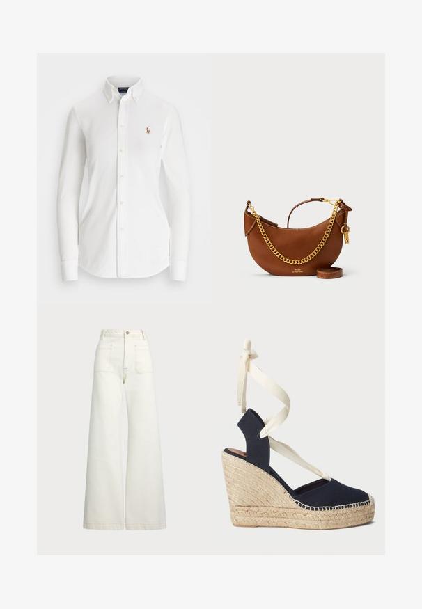 Balts garām piedurknēm pogājams krekls ar norādītu apkakli, izgatavots no kokvilnas. Satur mazu izšūtu logotipu kreisajā krūtī.; Platās kājas džinsi off-white denima. Augsta jostasvieta ar pogu aizdari, divas priekšējās kabatas un kontrastējošas šuvju detaļas.; Jūras spēku zili kanvas iešļūcenes ar espadrille virvi apakšā un krēmkrāsas lentes sasaitēm pie potītes. Slēgta papēža un apaļā pirksta dizains.; Brūns ādas rokassomu ar izliekta dizaina, zelta ķēdes siksnu, iekšējo kabatu un noņemamu plecu siksnu. Ievērojama kontrastējoša šuvuma detaļa.