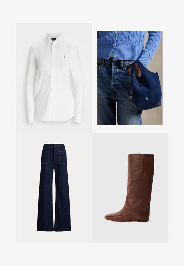 Balts garām piedurknēm pogājams krekls ar norādītu apkakli, izgatavots no kokvilnas. Satur mazu izšūtu logotipu kreisajā krūtī.; Platām kājām tumši zilas džinsu bikses ar augstu jostasvietu, piecu kabatu dizainu un kontrastējošu šuvi. Iekļauj poga aizdari un strukturētu formu.; Brūns ādas ceļgala zābaks ar norādītu pirkstu un minimālistisku dizainu; gluda tekstūra, bez redzamiem stiprinājumiem vai rotājumiem.; Tumši zila zamša rokassoma ar mīkstu faktūru, diviem rokturiem un mazu pievienotu birku. Priekšpusē ir balts logotips un apaļa apakša.