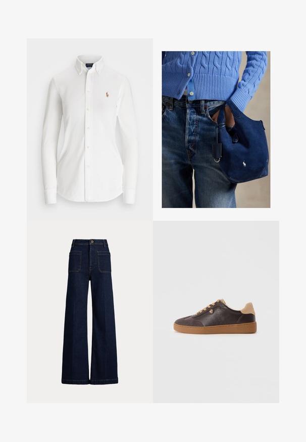 Vit långärmad skjorta med knappar och spetsig krage, tillverkad av bomull. Har en liten broderad logotyp på vänster bröst.; Bredbenta mörkblå jeans i denim med hög midja, femficksdesign och kontrasterande sömmar. Har en knappstängning och en strukturerad form.; Mörkbruna läder- och mockaskor med bruna snören och sula, guldfärgad logoprydnad, och "Michael Kors" präglat på sulan.; Marinblå mockaväska med mjuk textur, dubbla handtag och en liten fastsatt etikett. Har en vit logotyp på framsidan och en rundad botten.