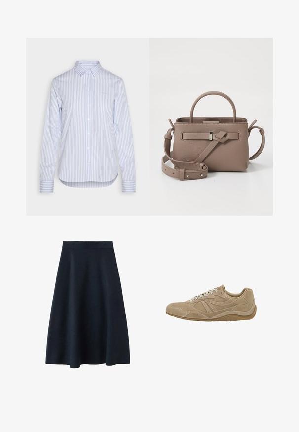 Lyseblå og hvid stribet skjorte med knapper, der har klassisk krave, lange ærmer og buet kant. Stoffet er i bomuld med en glat tekstur.; En mørk navy midi-nederdel lavet af glat stof, med en tætsiddende talje og en svinget form, uden synlige mønstre eller udsmykninger.; Beige ruskinds sneaker med lav profil, tekstureret overflade og hvide snørebånd. Har et buet design og en gummisål for godt greb.; Taupe tekstureret læderhåndtaske med tophåndtag, justerbar skulderrem og dekorativ knude detalje på en ren hvid baggrund.