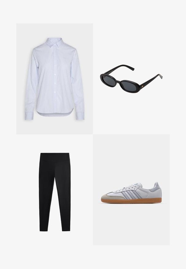 Svetlo modra in bela črtasta srajca s kratkimi kapsami, klasičnim ovratnikom, dolgimi rokavi in ukrivljenim robom. Bombažna tkanina z gladko teksturo.; Črne legice iz gladkega, raztegljivega blaga. Imajo širok pas in zožen dizajn nog, primeren za aktivno ali vsakodnevno nošenje.; Beli usnjeni športni copati z svetlo modrimi poudarki, sivi semiš konice in rjavim gumijastim podplatom. Imajo tri modre črte in blagovno znamko "Samba".; Črne oversize sončne očala z ovalnimi lečami, gladkim plastičnim okvirjem in zlatenimi detajli na templjih. Temne leče zagotavljajo zaščito pred soncem.