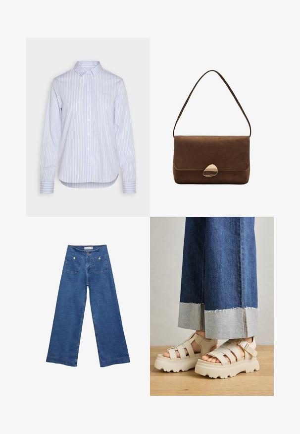 Svetlomodrá a biela pruhovaná košeľa s gombíkmi, s klasickým golierom, dlhými rukávmi a zakriveným lemom. Bavlnená tkanina s hladkou štruktúrou.; Džínsy s širokými nohavicami v stredne modrej farbe, s dvoma prednými vreckami na gombíkovné zapínanie a šitými detailmi pozdĺž lemov.; Béžové platformové sandále s hrubými podrážkami majú pruhovaný dizajn a nastaviteľné popruhy okolo členka. Nosené sú s džínsovými nohavicami s širokými nohavicami, pri ktorých je jeden lem rozstrapkaný.; Hnedá semišová taška cez rameno s zakriveným zlatým sponou a jedným popruhom, obdĺžnikový tvar s klopou.