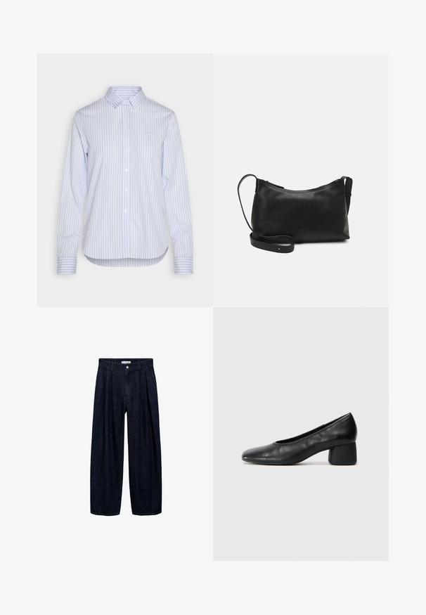 Cămașă cu dungi albastre deschise și albe, cu guler clasic, mâneci lungi și tiv ondulat. Material din bumbac cu textură netedă.; Pantaloni largi din denim închis, cu pliseuri la talie, având un button frontal și pasaje pentru curea. Textură netedă și design pe întreaga lungime.; Pantofii din piele neagră au un vârf rotund și un toc de tip bloc de înălțime medie. Au o textură netedă, cu detalii minime, având o deschidere elastică subtilă.; Geantă de umăr din piele neagră, cu o textură netedă, formă curbată, curea ajustabilă și închidere cu fermoar. Design minimalist, fără embellishments.