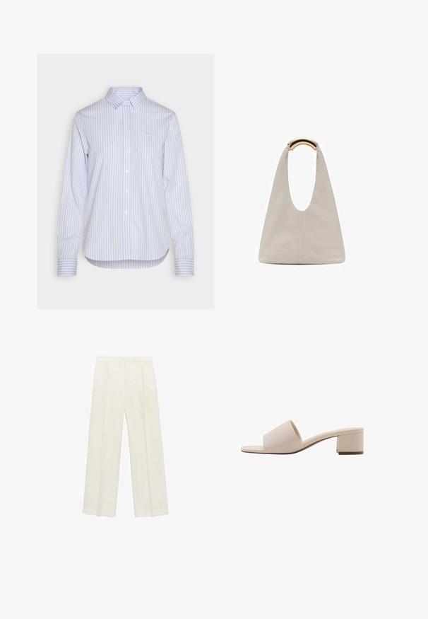 Vaaleansininen ja valkoinen raidallinen nappipaitapusero, jossa on klassinen kaulus, pitkät hihat ja kaareva helma. Puuvillakangas, jossa on sileä pinta.; Valkoiset leveälahkeiset housut vaaleassa kermassa. Valmistettu sileästä kankaasta, jossa on laskokset edessä ja sivutaskut.; Beige saappa puolipohjalla, jossa on leveä hihna ja avoin varvas. Tasainen materiaali ja tyylikäs muotoilu. Lyhyt ja tukeva korko vakauden takaamiseksi.; Vaalea harmaa nahkalaukku, jossa on U-muotoinen muotoilu ja kaareva metallikahva. Suora pinta, jossa on minimaalinen ompelu ja ei näkyviä kuvioita.