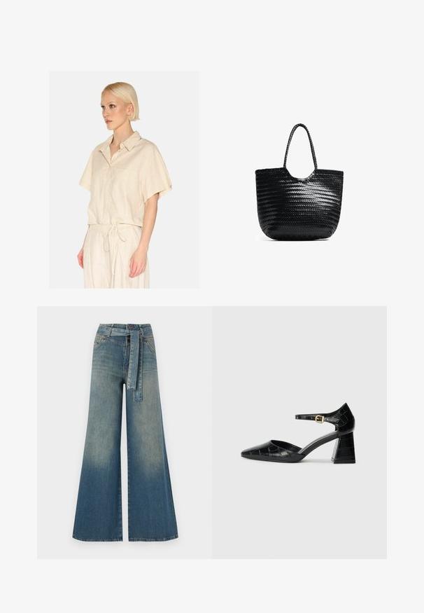 Svetložltá košeľa s krátkym rukávom, golierom a predným vreckom. Vyrobená z textúrovanej látky s voľným strihom.; Džínsy s širokými nohavicami, ktoré majú prechod od svetlomodrej po tmavomodrú, vysoký pás, pútka na opasok a opasok z rovnakého materiálu. Textúrovaný denimový povrch.; Čierna lakovaná kožená vysoká opätková topánka s špicatou špičkou, remienkom okolo členka a textúrovaným vzorom krokodíla. Dizajn so štvorcovým blokovým opätkom.; Čierna pletená taška s okrúhlym vrchom, bočnými švami a dvoma ušami z vrkočov. Obsahuje textúrovaný vzor a priestranný interiér.