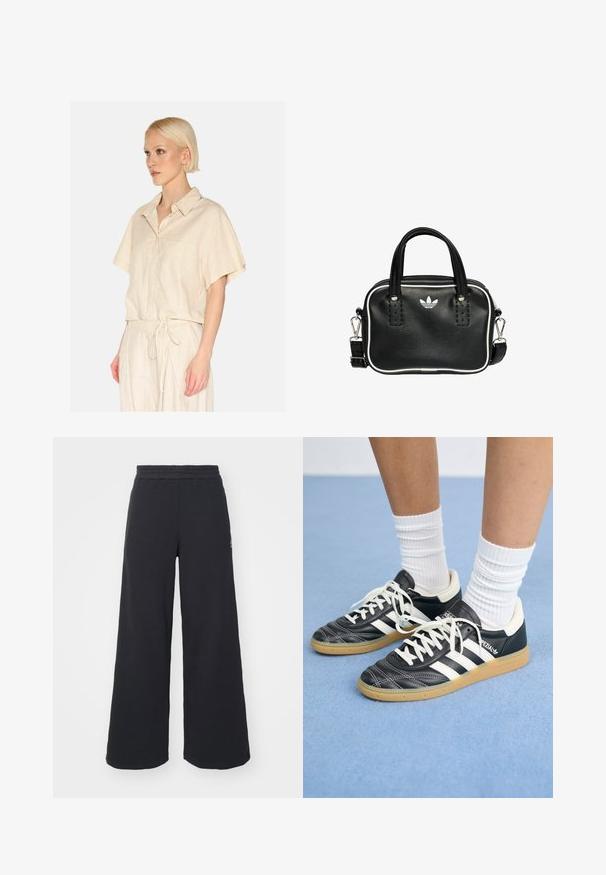 Helles beige Kurzarmhemd mit einem kragenförmigen Hals und einer aufgesetzten Tasche. Gefertigt aus einem strukturierten Stoff mit einer lockeren Passform.; Schwarze weite Sweatpants aus weichem Material, mit einem elastischen Taillenbund und einem kleinen Logo auf der linken Seite.; Schwarze Ledersneaker mit weißen Streifen, runder Zehenpartie, weißen Schnürsenkeln und Gummisohle. Abgerundet durch gepolsterten Kragen und Branding-Details.; Schwarze Lederhandtasche mit zwei kurzen Griffen, silbernem Zubehör, weißen Akzenten und einem weißen Logo. Verfügt über eine strukturierte Oberfläche und ein kompaktes Design.
