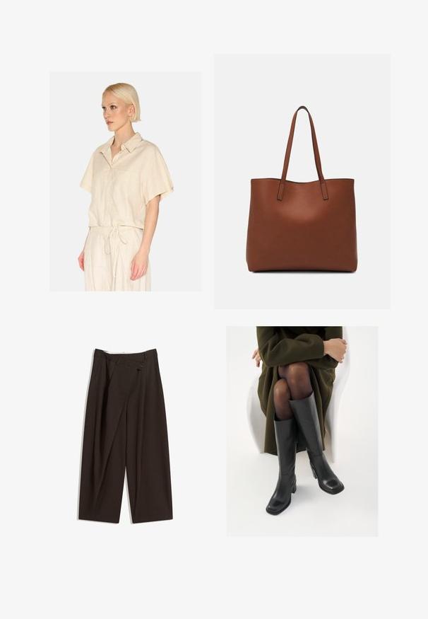Lichtbeige shirt met korte mouwen, voorzien van een kraag en een borstzak. Gemaakt van een textuurstof met een ontspannen pasvorm.; Donkere bruin wijde broek met een hoge taille, voorzien van een enkele knoopsluiting en een geplooide voorkant. Gemaakt van lichtgewicht stof.; Knieschijf hoge zwarte leren laarzen met een vierkante neus en blokhak, getoond met een model dat zit in een olijfgroene jas. Gladde textuur, minimale details.; Bruine leren tote bag met een gladde textuur, een ontwerp met een open bovenkant en twee schouderbanden. Kenmerkt zich door minimale stiksels en geen zichtbare hardware.
